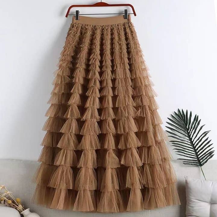 FurDecoration - Wholesale Skirt - Women's - Solid Color Organza Ruffle Hem Midi Skirt
