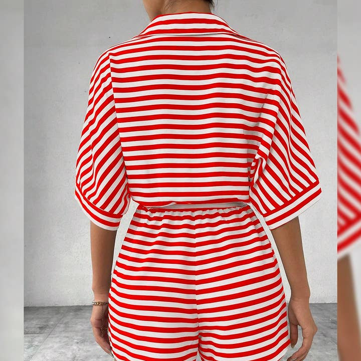 UNISHE - Wholesale Romper - Women's - Summer Striped Lapel Button-Up Belted Shorts Romper AXR1293