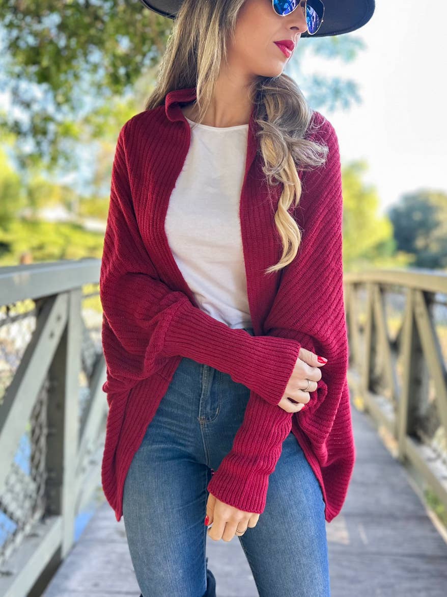 Burgundy Soft Rib Knitted Shrug Cardigan for wholesale on Faire4