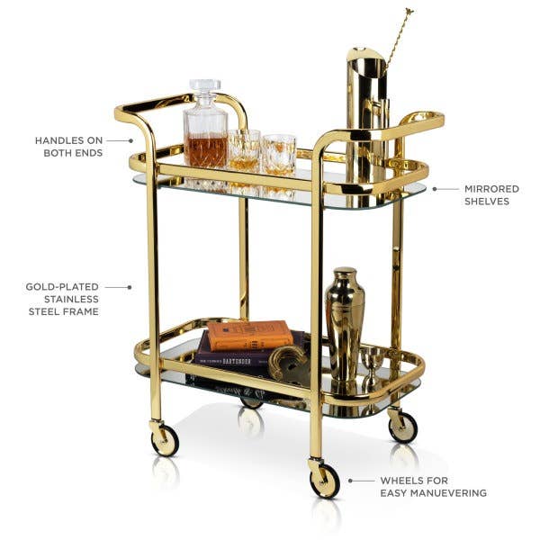 Viski - Wholesale Bar Cart - Belmontâ„¢ Gold Bar Cart with Mirror Shelves by Viski