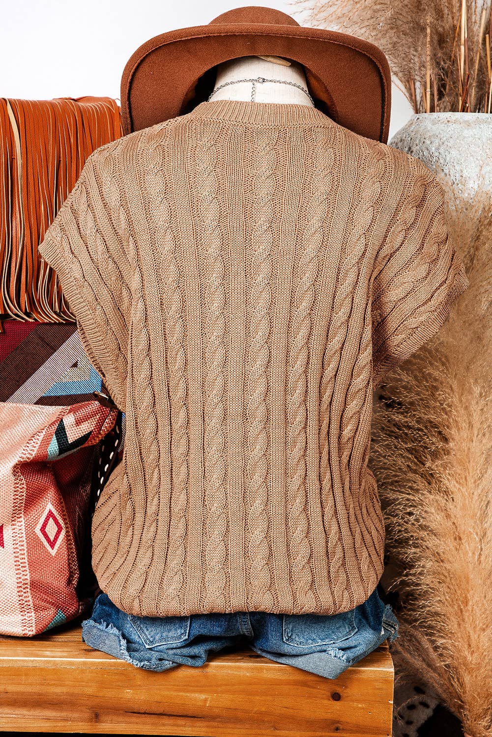 fashionworks - Wholesale Knit Sweater - Women's - Fashion-W Crew Neck Cable Knit Short Sleeve Sweater*S-2XL1