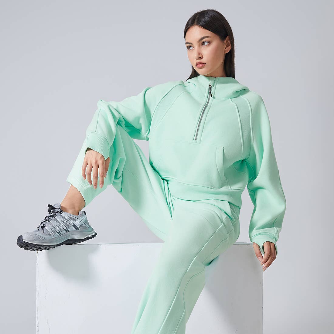 Sodalemon – wholesale Hoodie – Women's – Women Fall Winter Half Zipper Sweatshirt Big Pockets Hoodie 7