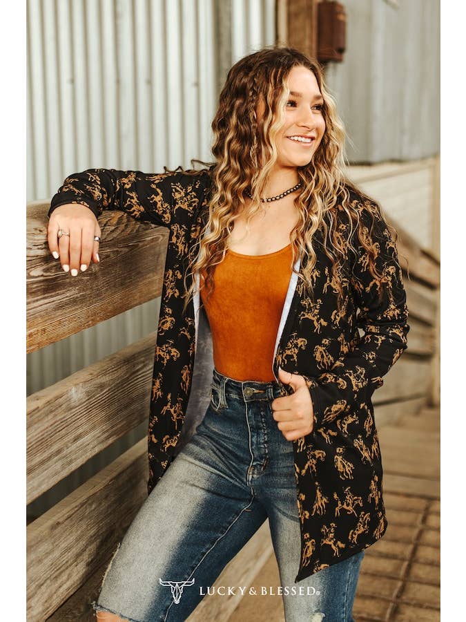 LUCKY & BLESSED - Wholesale Cardigan - Women's - Plus Black Cowgirl Printed French Terry Long Sleeve Cardigan
