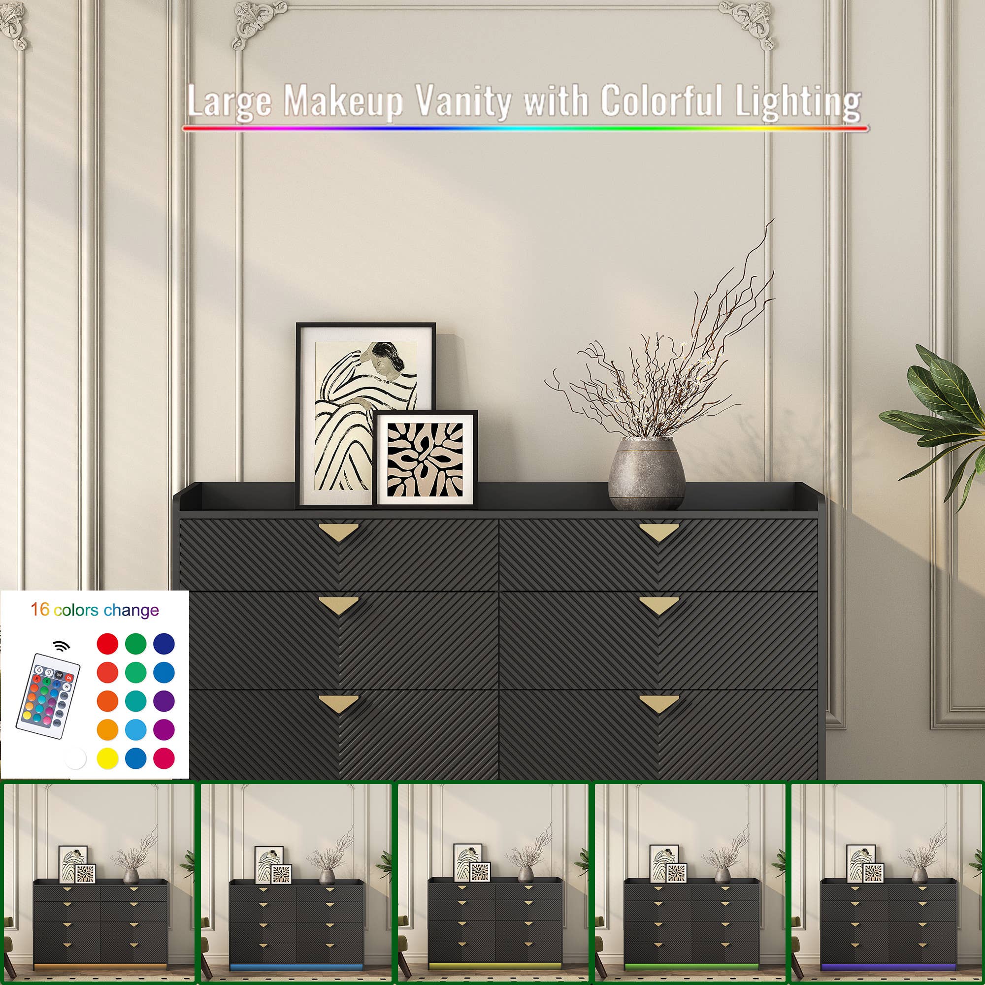 39F Inc. - Wholesale Cabinet - 8-Drawer Dresser with LED, Fluted Panel, Black11