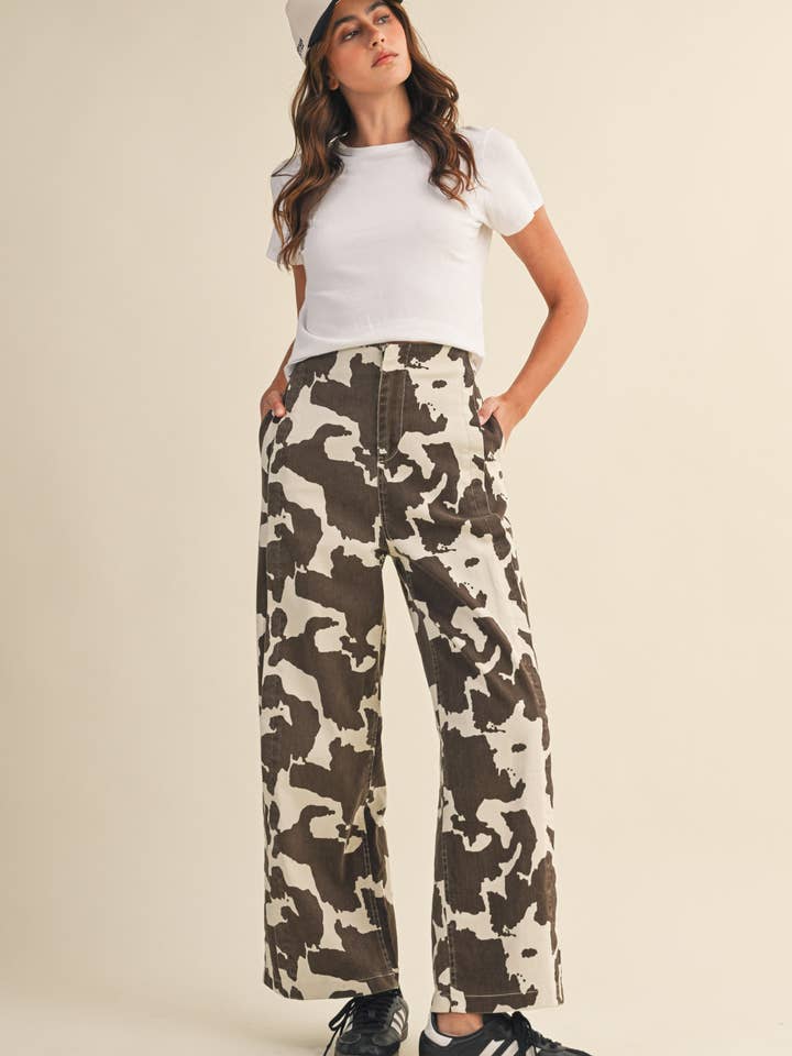 COW PRINT HIGH WAIST WIDE LEG PANTS MP4105 for wholesale on Faire12