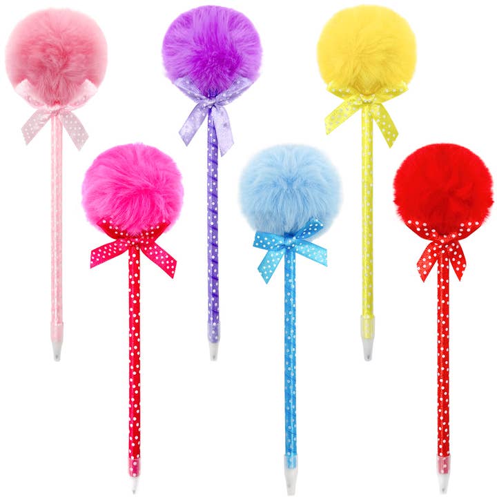 Wrapables Fluffy Ball Pom Pom Balpoint Pens (Set of 6) for wholesale by Wrapables.com