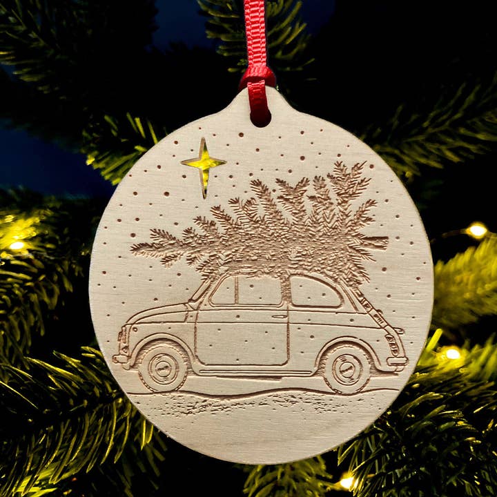Classic Fiat 500 laser etched Christmas bauble for wholesale by Rock & Saltwater