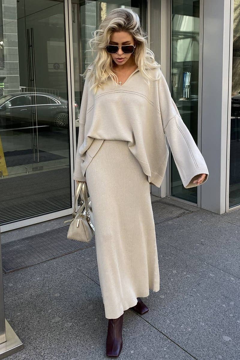 NINEXIS - Vente Ensemble haut et jupe - Femme - CWSS0750_ENSEMBLE DE JUPE-PULL À MANCHES LONGUES ET COL EN V TRICOTÉ16
