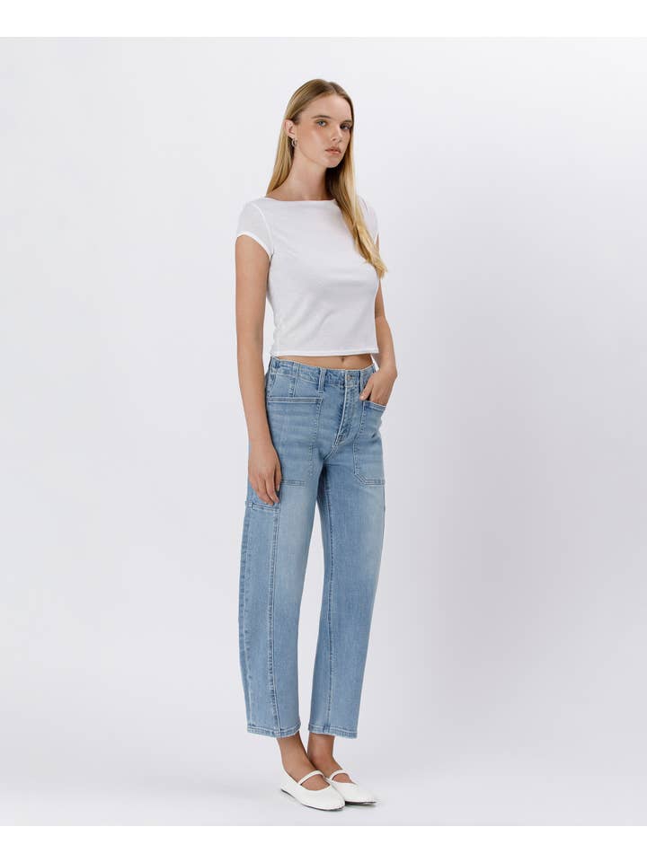 ACCOMPLISHMENTS SUPER HIGH RISE ELASTIC BAND BARREL JEANS F5831 for wholesale on Faire
