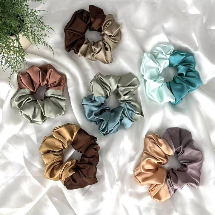 Set of 6 Two-Tone Poly Satin Hair Scrunchies for wholesale by Cathayana