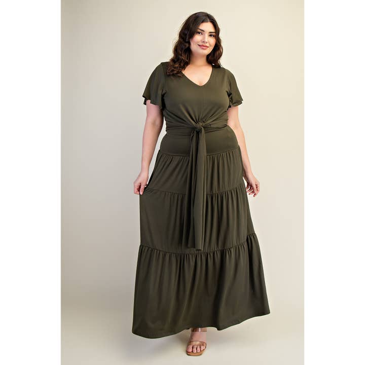 PLUS SIZE SHORT SLEEVE TIE FRONT TOP AND MAXI TIERED HEM SKI for wholesale by The Curve LA
