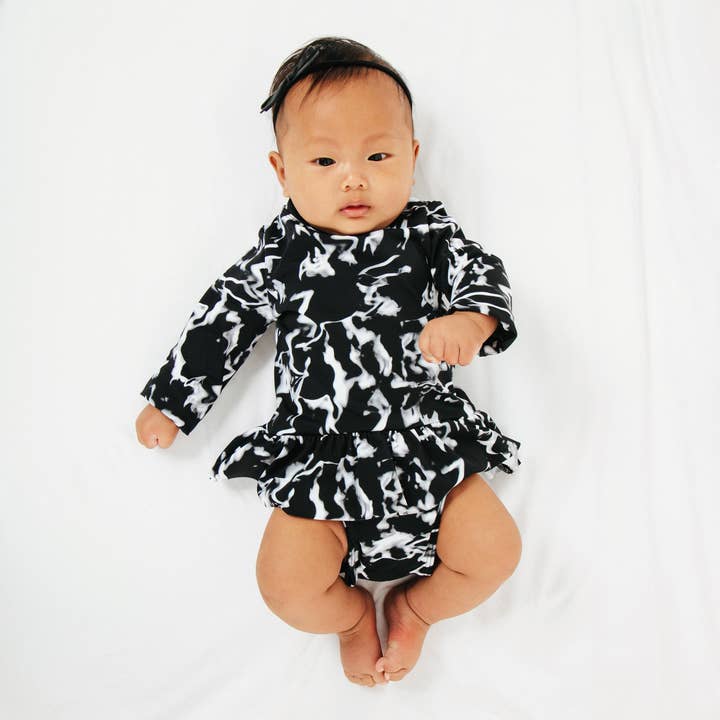 Goldie Long Sleeve Ruffle Baby One Piece in Sea Fog for wholesale by Current Label