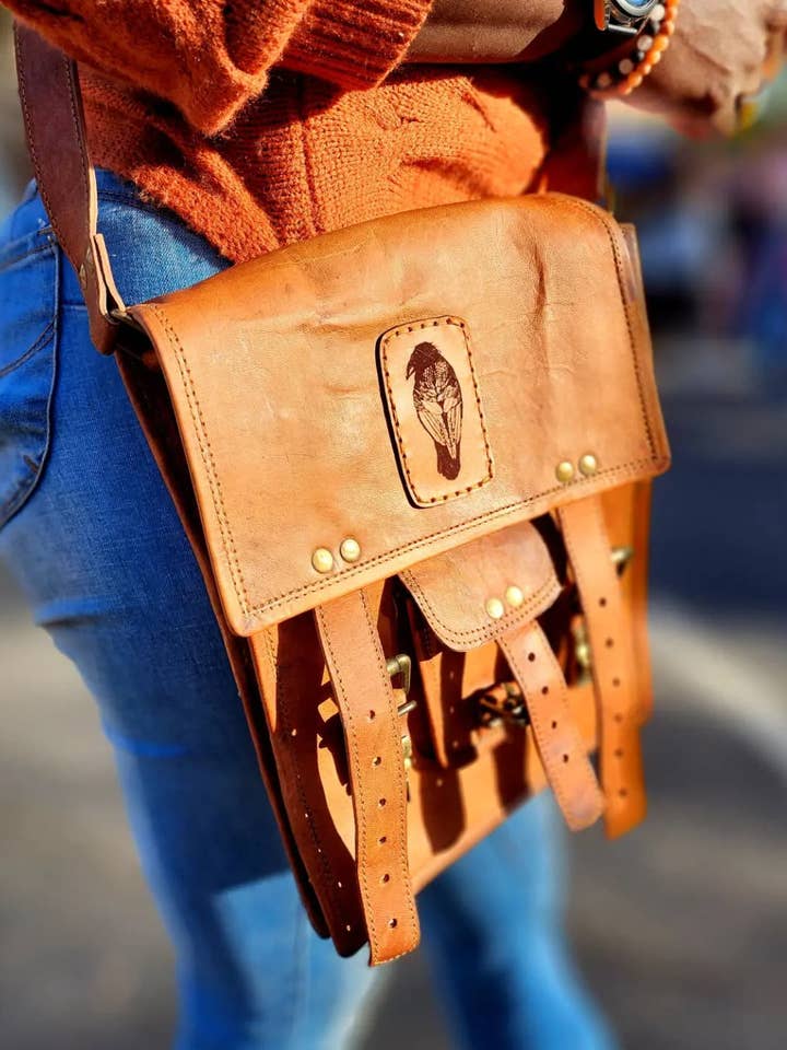 Genuine Leather Raven Messenger Bag Hand sewn patch for wholesale by Morea Designs