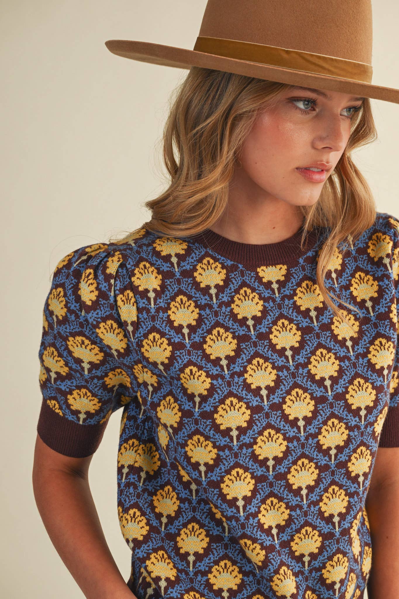 &MERCI - Wholesale Knit Sweater - Women's - FLORAL PATTERN SHORT SLEEVE SWEATER MSW108605