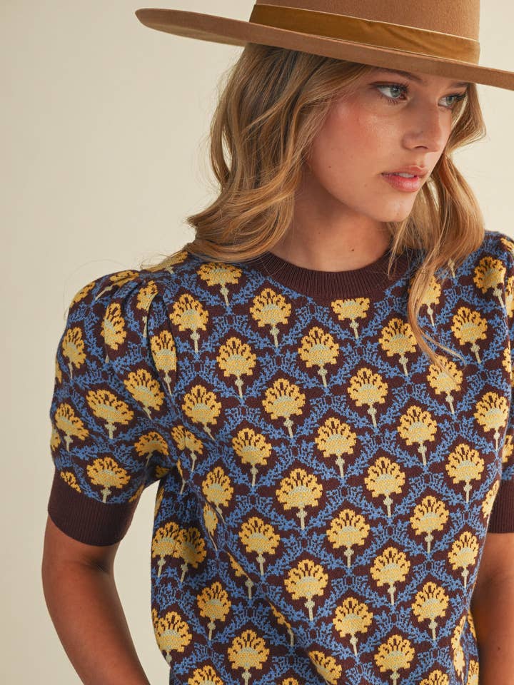 &MERCI - Wholesale Knit Sweater - Women's - FLORAL PATTERN SHORT SLEEVE SWEATER MSW108605