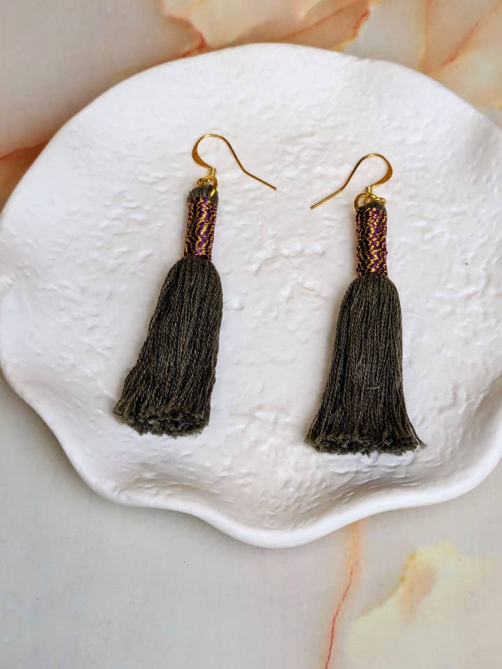 "Kaylee" Khaki Tassel Earrings with Metallic Wrap for wholesale by Created By Lau