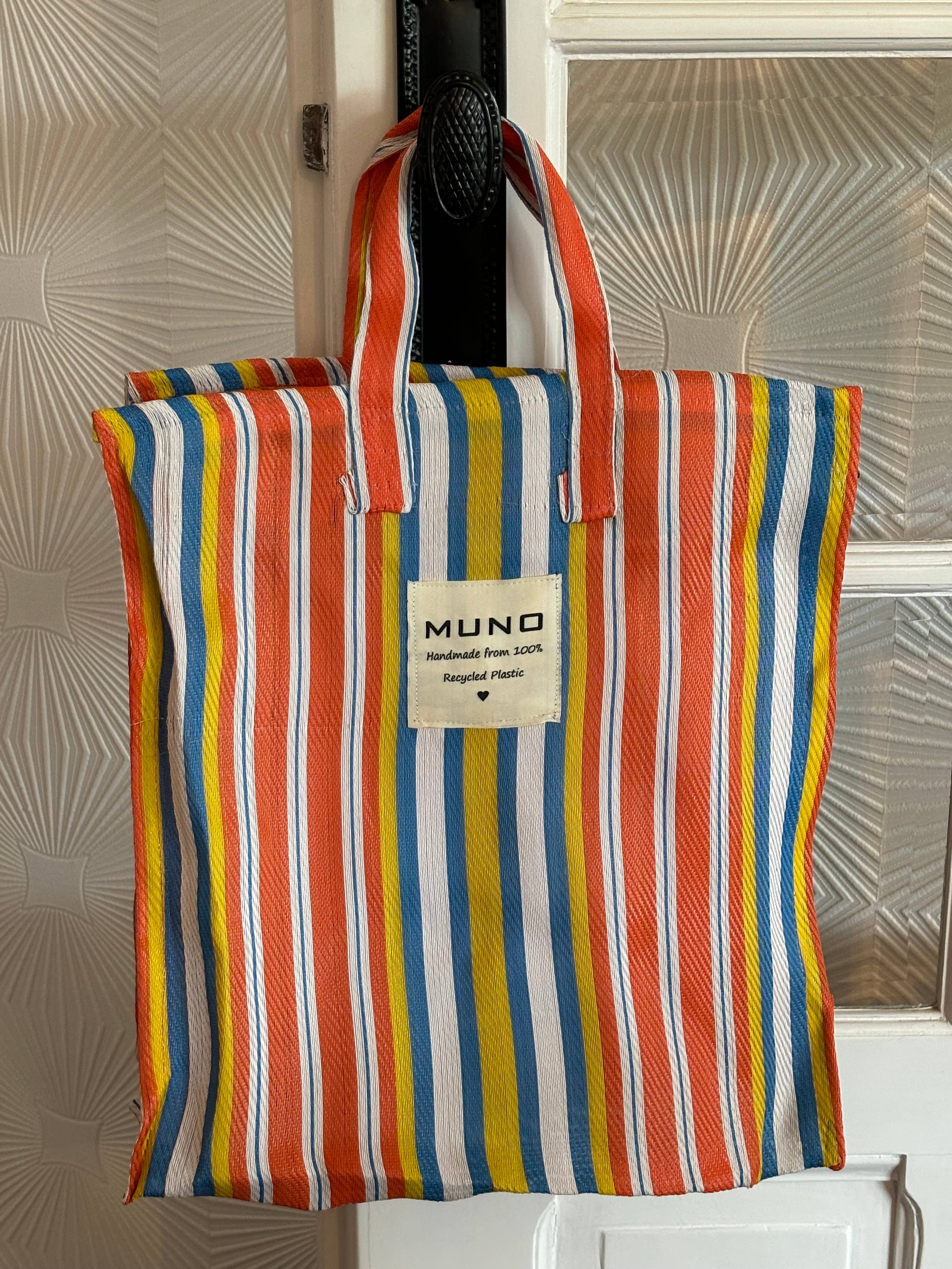 Muno - Vendita all'ingrosso Borsa per shopping/spesa - Borsa per la spesa in nylon riciclato fatta a mano - Arancione, giallo e blu4