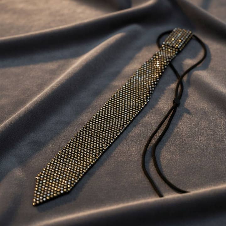 Collier Ras-du-cou Boss Lady en Maille Noire avec Cravate Bling pour la vente par PinktownUSA