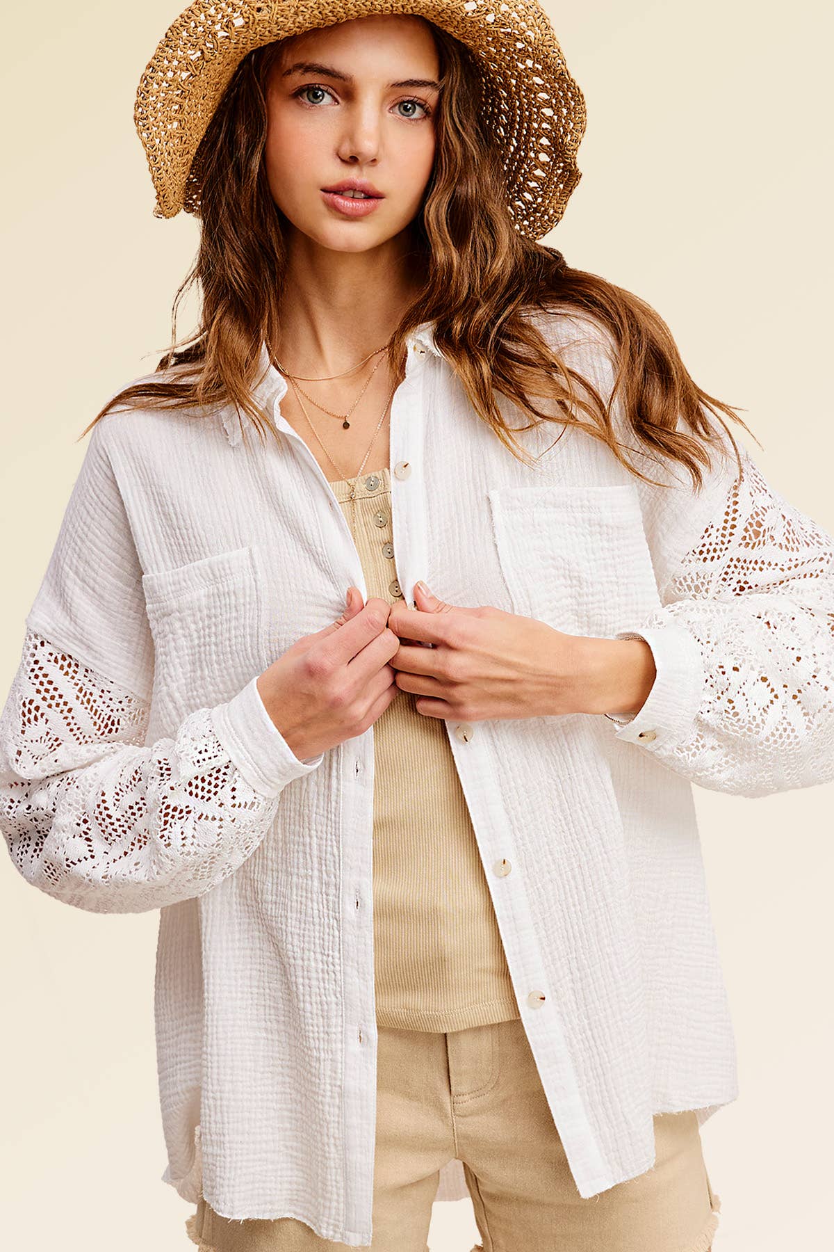 La Miel - Wholesale Button Down Shirt - Women's - SRT7455-Crochet Detailed Sleeve Gauze Button Down Shirts18
