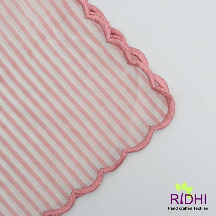 Fabricrush - Wholesale Dinner & Cloth Napkin - Punch Pink Stripes Scalloped Cotton Napkins1