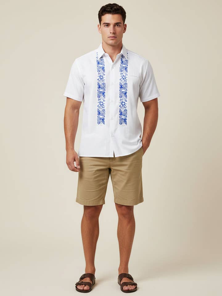 Y.A.Bera Clothing Modern Guayaberas - Wholesale Button Down Shirt - Men's - White Clouds with Blue Stars Short Sleeve Guayabera1