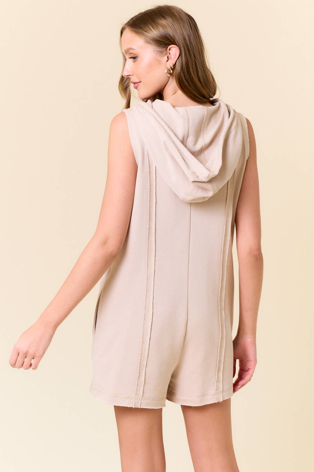 Doe and Rae - Wholesale Romper - Women's - French Terry Zip-Front Sleeveless Hooded Romper - 28002R8