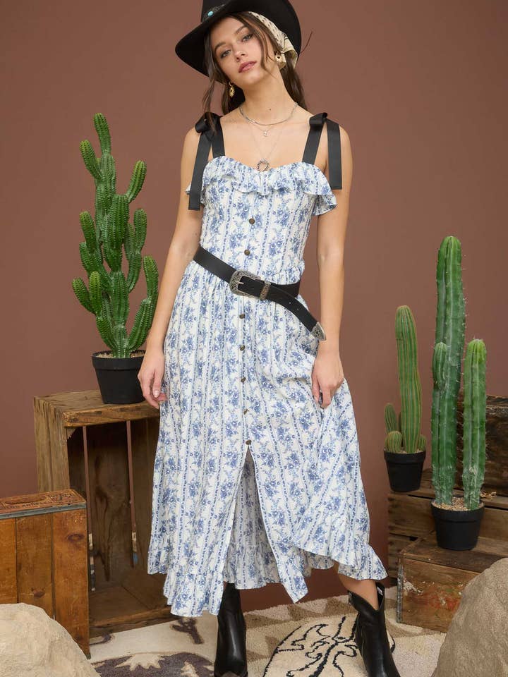 Blu Pepper - Wholesale Dress - Women's - STRIPE FLORAL RUFFLE DETAIL BUTTON DOWN MIDI DRESS6