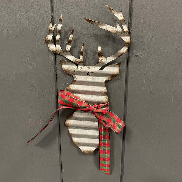 Satchville - Wholesale Decorative Figurine - Small Metal Patterned Stag's Head With Ribbon Collar