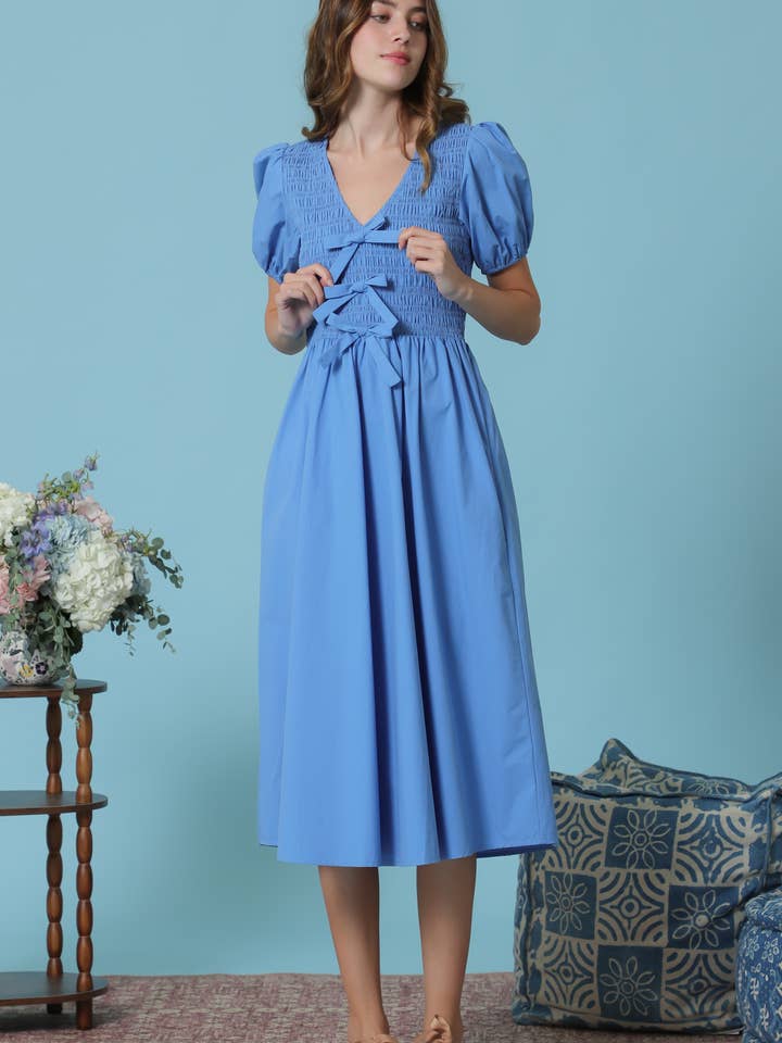 Front ribbon detail smocked short sleeve midi dress for wholesale by Fleur d'Or