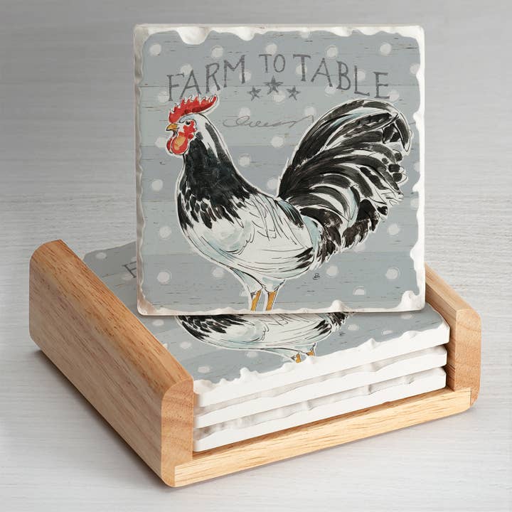Conimar Promotions - Wholesale Coasters - Rooster 4 Pack Stone Coasters in Wooden Holder