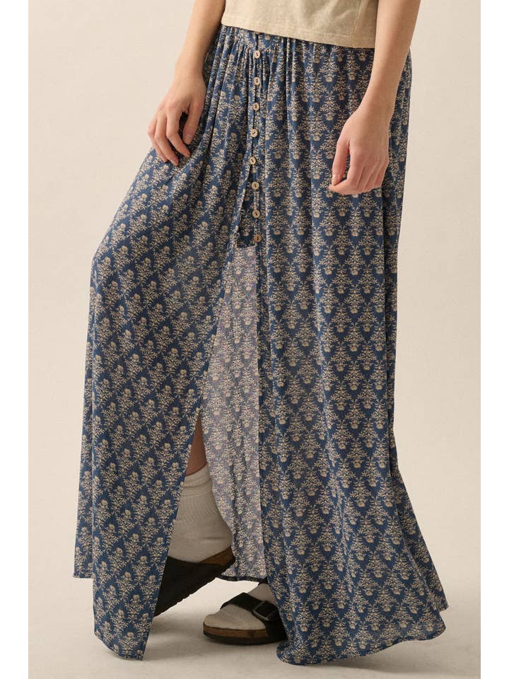 Promesa USA - Wholesale Skirt - Women's - Ornate Floral Yoke-Waist Button-Front Maxi Skirt