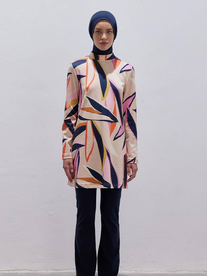 Conjunto de Fato de Banho Modesto com Padrão em Lycra de Duas Peças Azul Marinho por atacado de Kadriye Baştürk