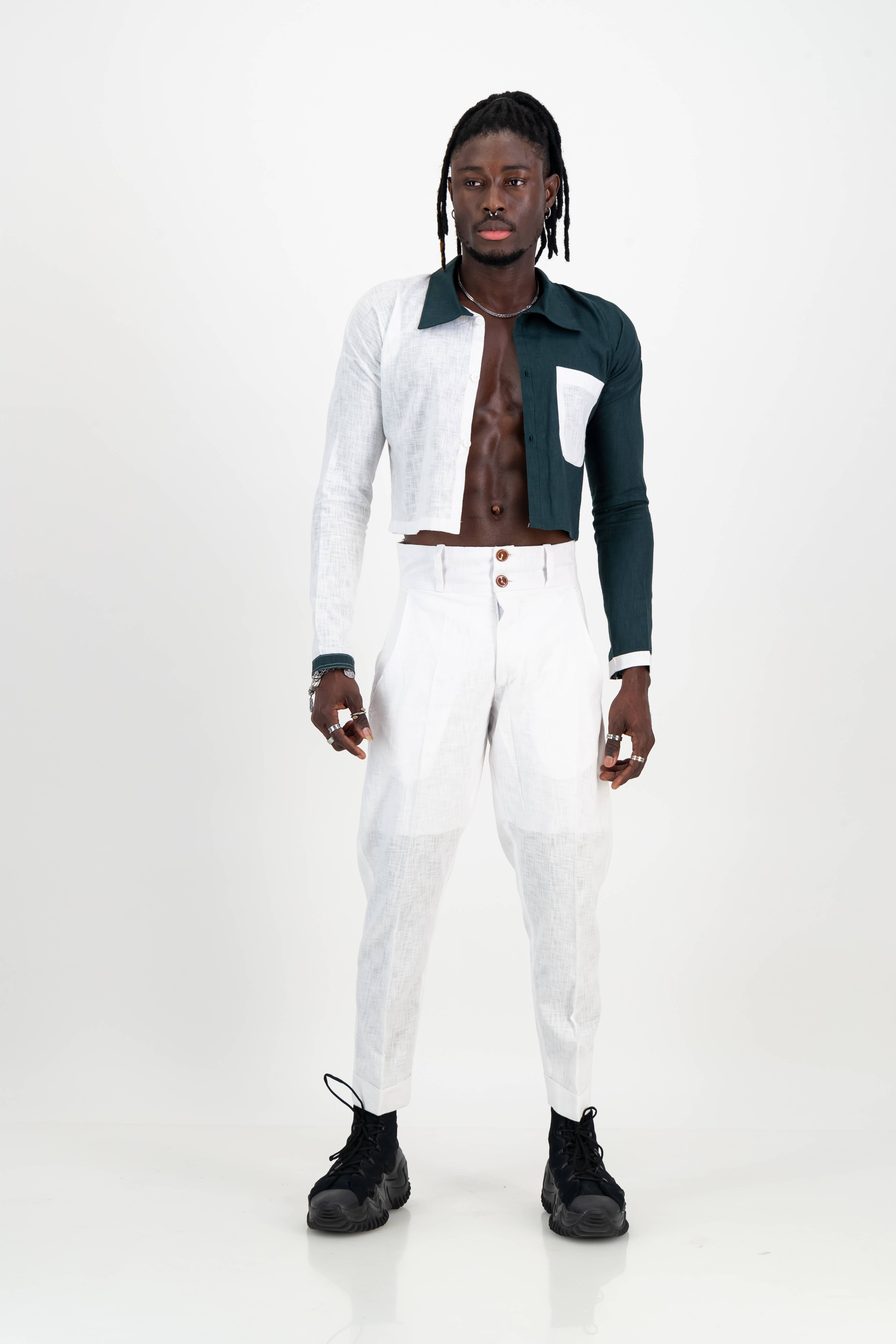 White and Green Unisex Linen Crop Top for wholesale on Faire8