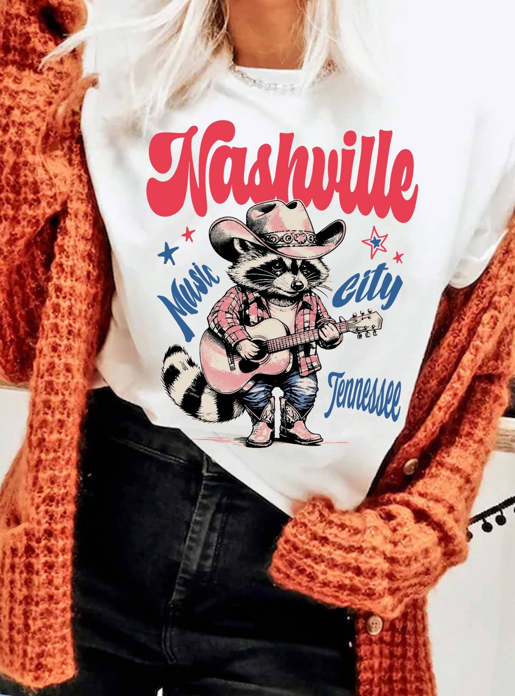 Rustee Clothing - Wholesale Screen Printed T-Shirt - Women's - NASHVILLE MUSIC CITY RACCOON GRAPHIC TSHIRT0