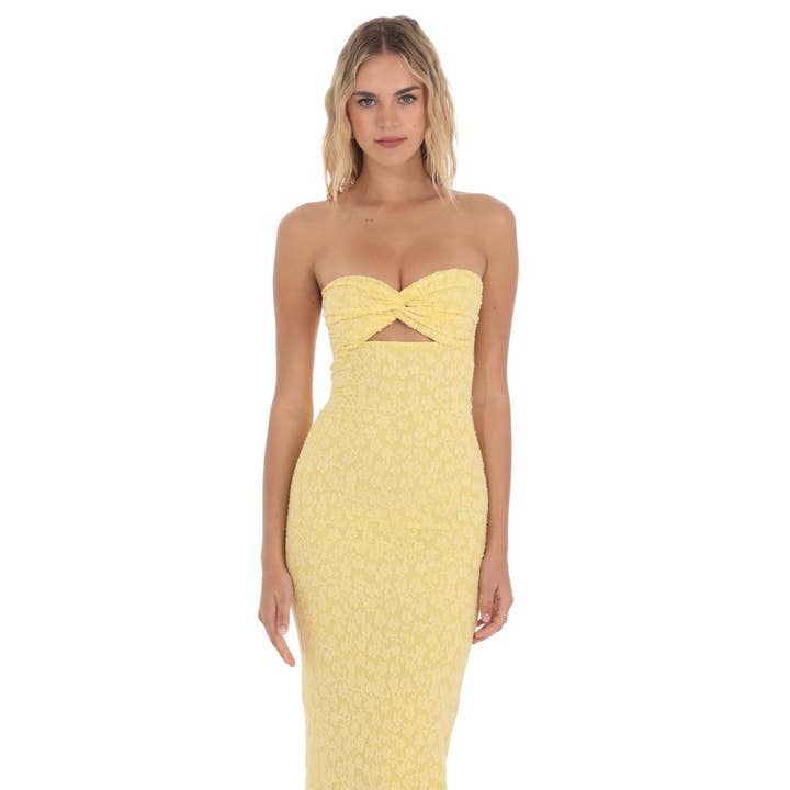 Lucy In The Sky - Wholesale Dress - Women's - Strapless Textured Floral Twist Maxi Dress in Yellow