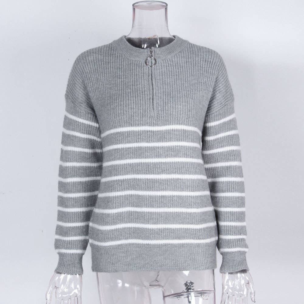 HIDDENBRAND - Wholesale Knit Sweater - Women's - High-Necked Striped Color-Blocked Zip-Up Sweater0