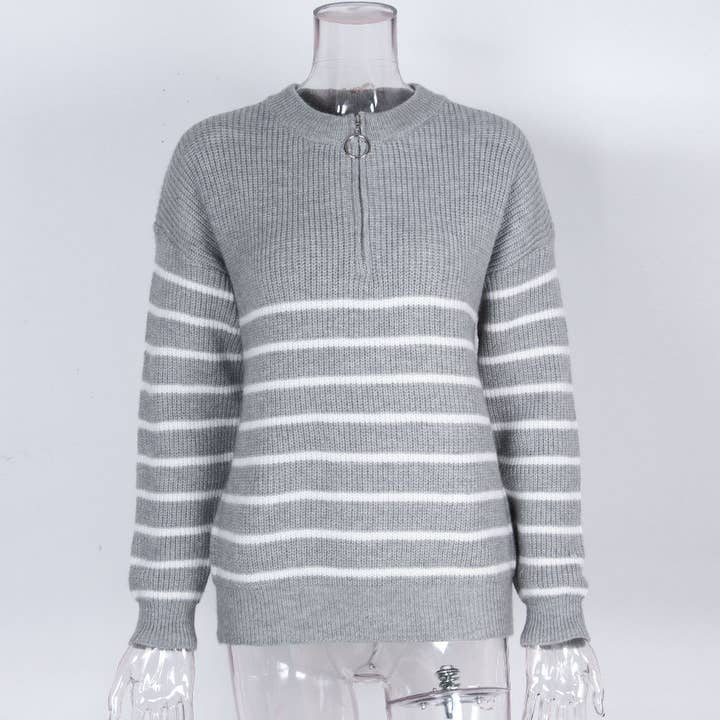 Lily Clothing - Wholesale Knit Sweater - Women's - COLOR-MATCHING STRIPED HALF-ZIP PULLOVER SWEATER7
