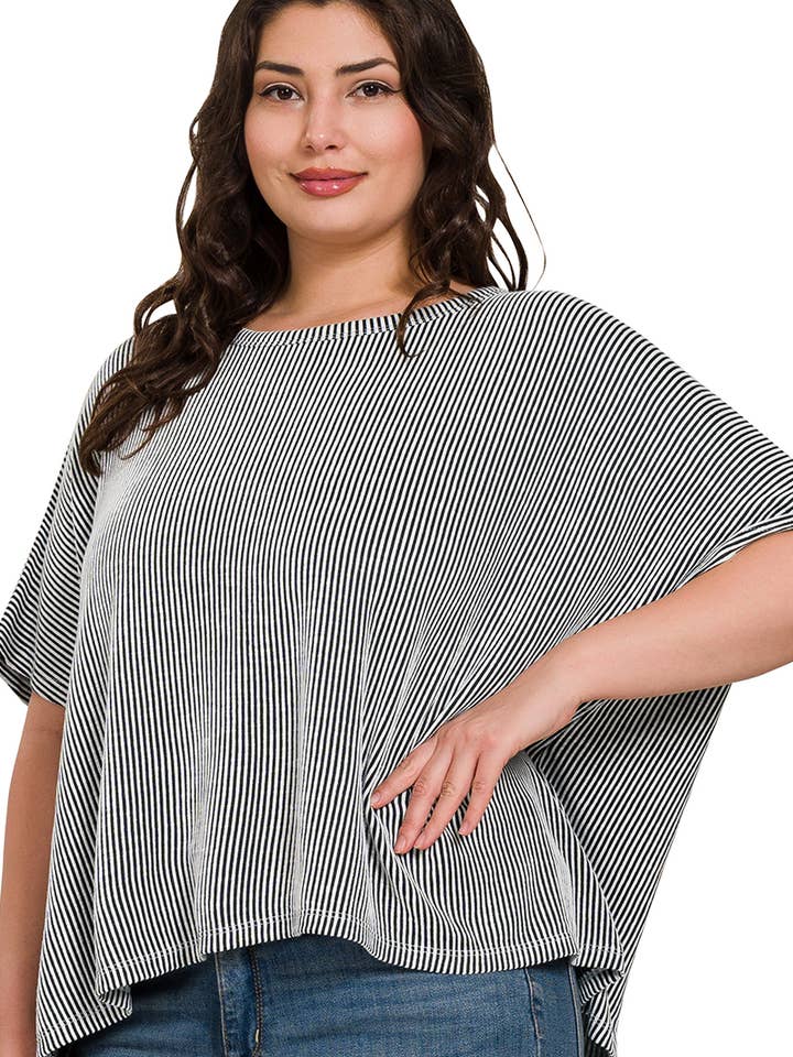 42POPS - Wholesale Knit Top - Women's - `.Plus size Ribbed Striped Oversized Short Slee6