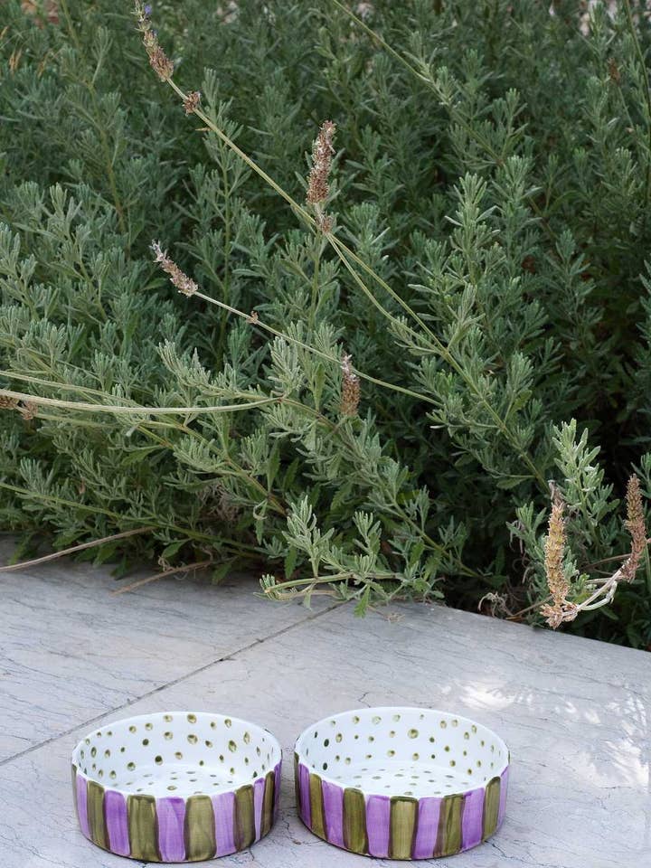 OLIVE ON PURPLE STRIPES DOG BOWL for wholesale by Rhea Kalo
