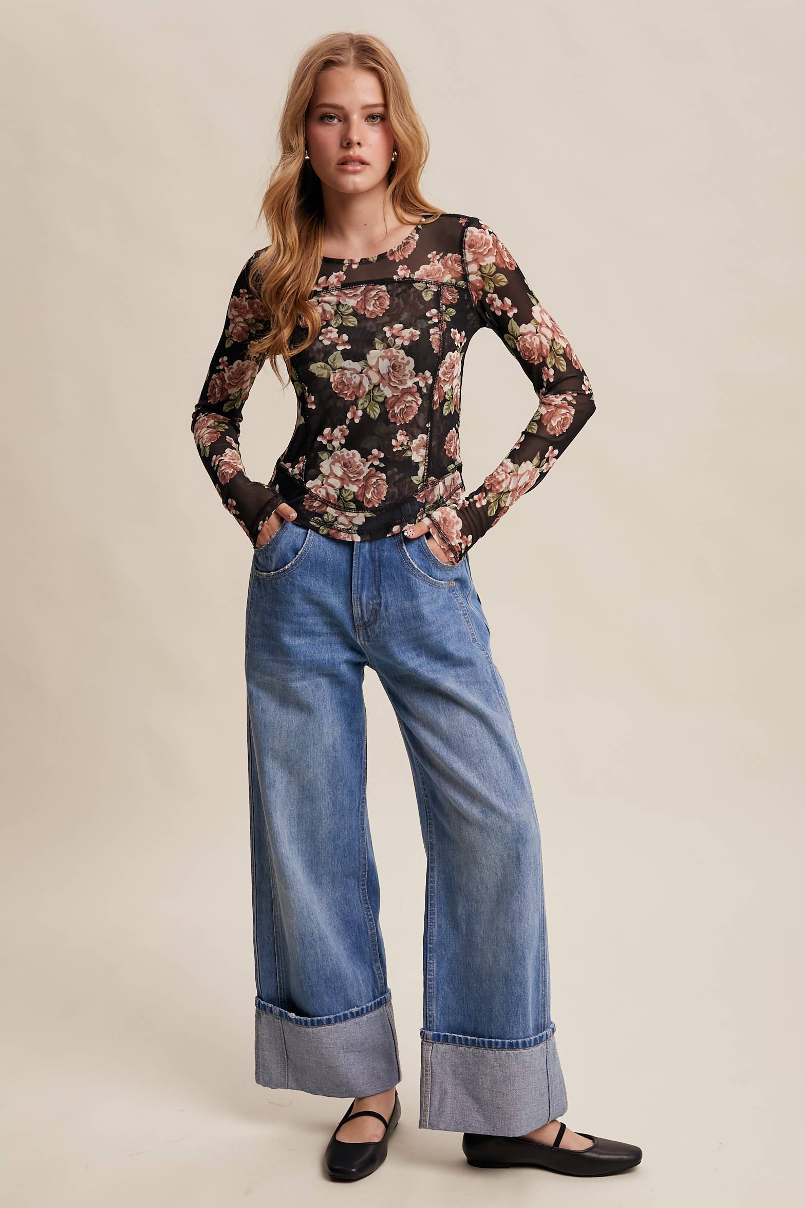 Listicle - Wholesale T-Shirt - Women's - Floral Mesh Long Sleeve Layering Top47