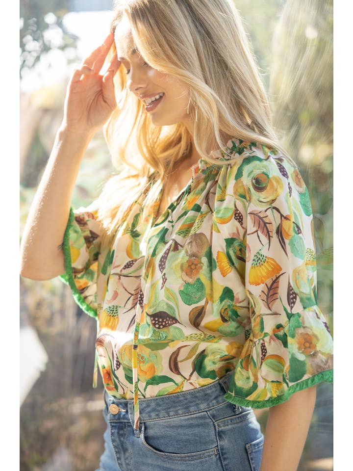 Green 35203 Fringe Detailed Loose Sleeve Floral Print Top for wholesale on Faire8