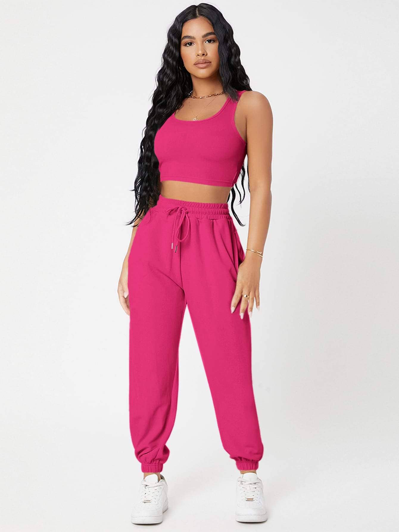 Fashion Combination - Wholesale Lounge set – Women's - petite solid crop tank top and joggers set12