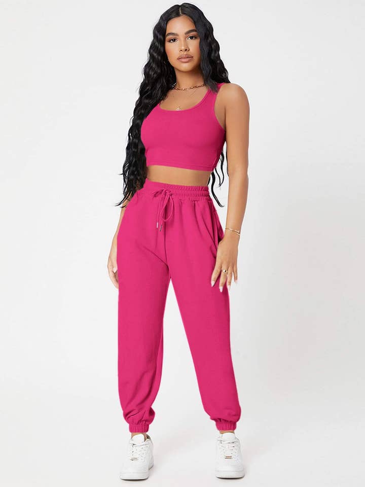 Fashion Combination – wholesale Lounge set – Women's – petite solid crop tank top and joggers set12