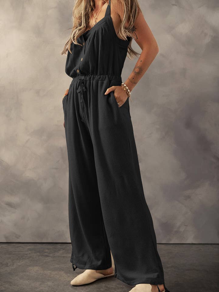 Lovesoft - Wholesale Jumpsuit - Women's - Women's Knotted Straps Button Textured Drawstring Jumpsuit