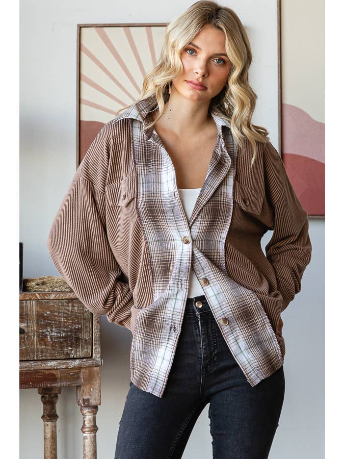 7th Ray - Wholesale Shirt Jacket/Shacket - Women's - Rib Plaid Contrast Drop Shoulder Button Down Shacket T5809