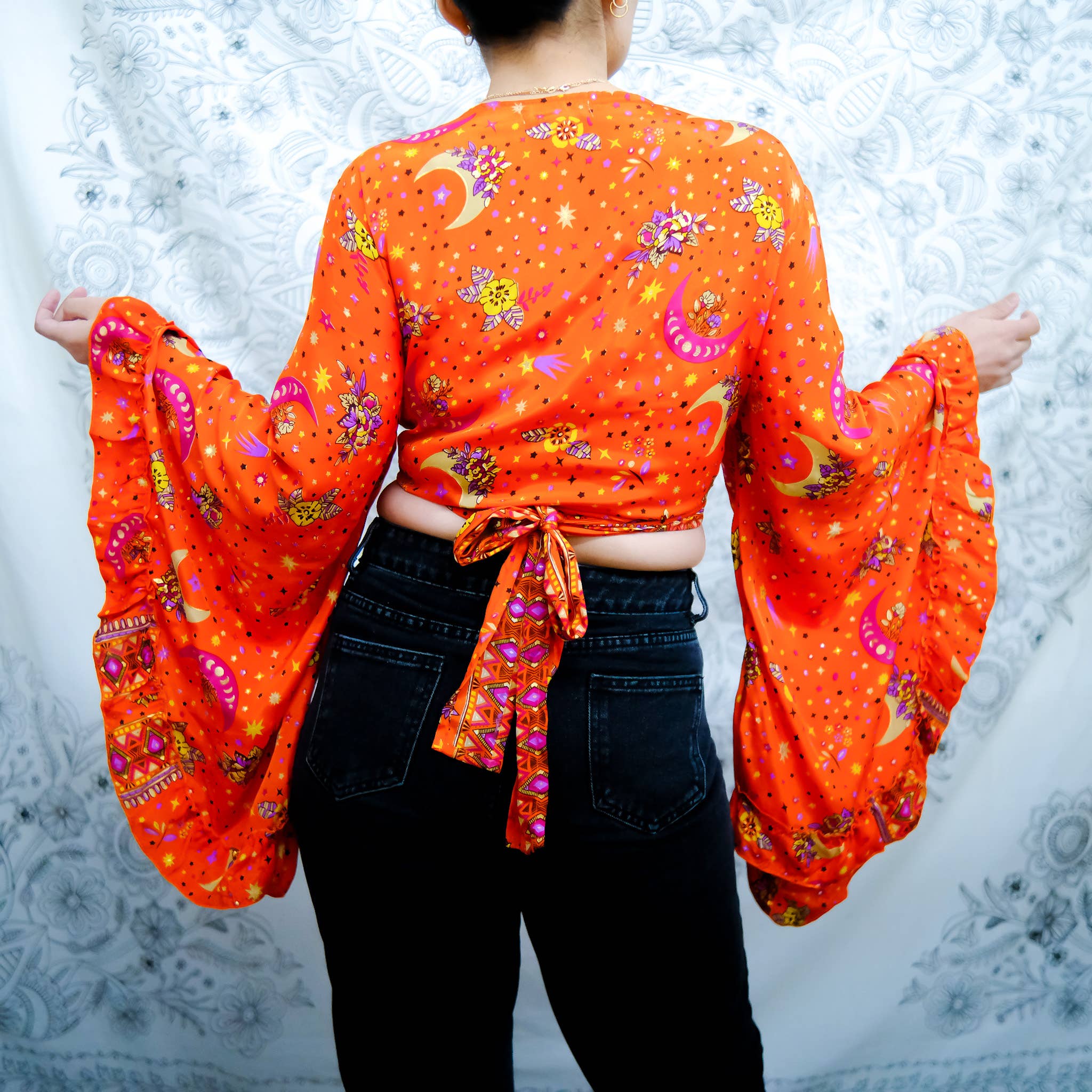 Karma Nepal Crafts - Wholesale Blouse - Women's - Bohemian Celestial Style Bell Sleeve Wrap Top with Ruffle13