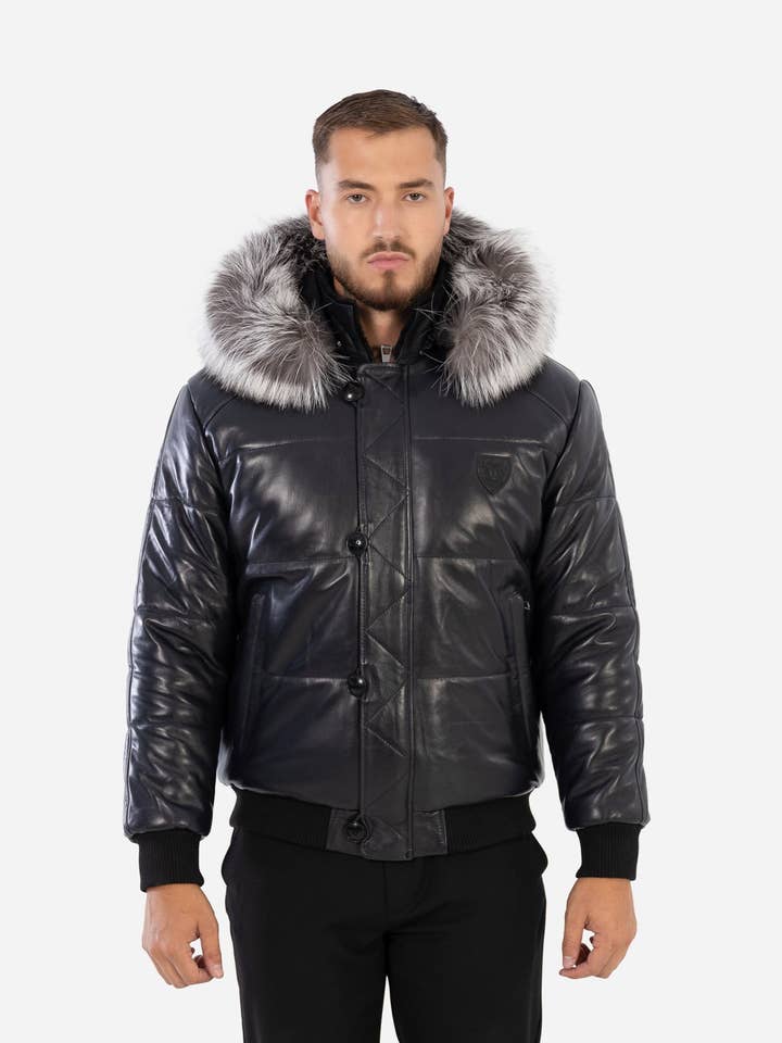 Abrigo de invierno de cuero para hombre Ártico con piel de zorro plateado para venta al por mayor de Cuir Dimitri