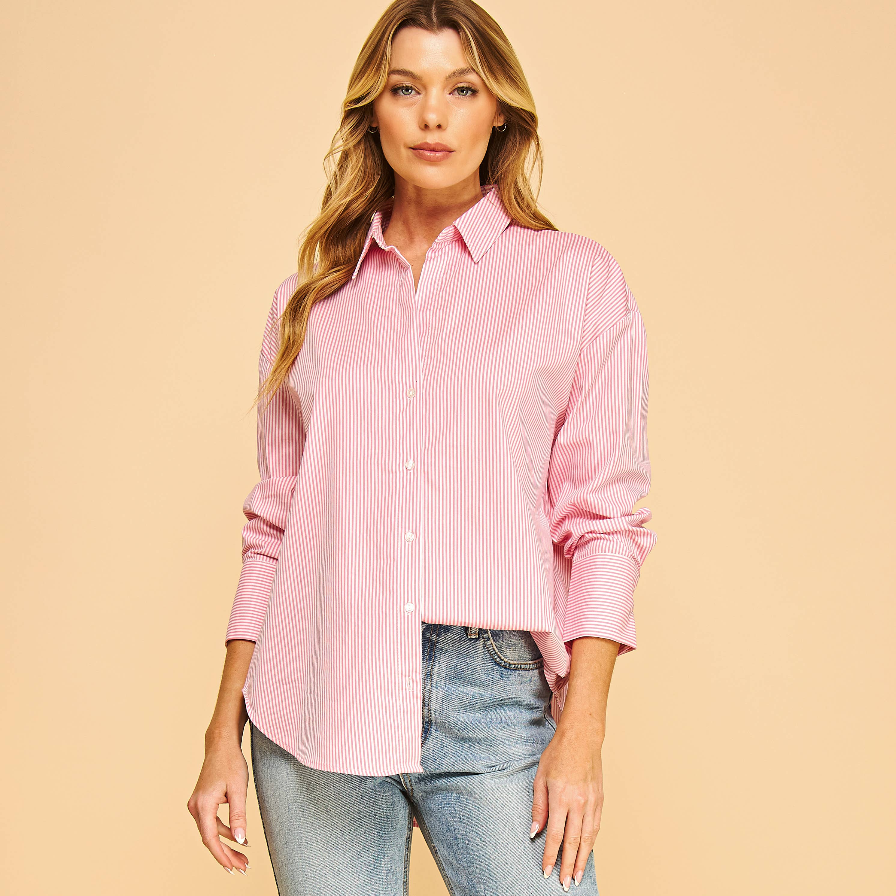 khaki PRINTED STRIPE POPLIN BUTTON DOWN SHIRT-F75687-1 for wholesale on Faire2