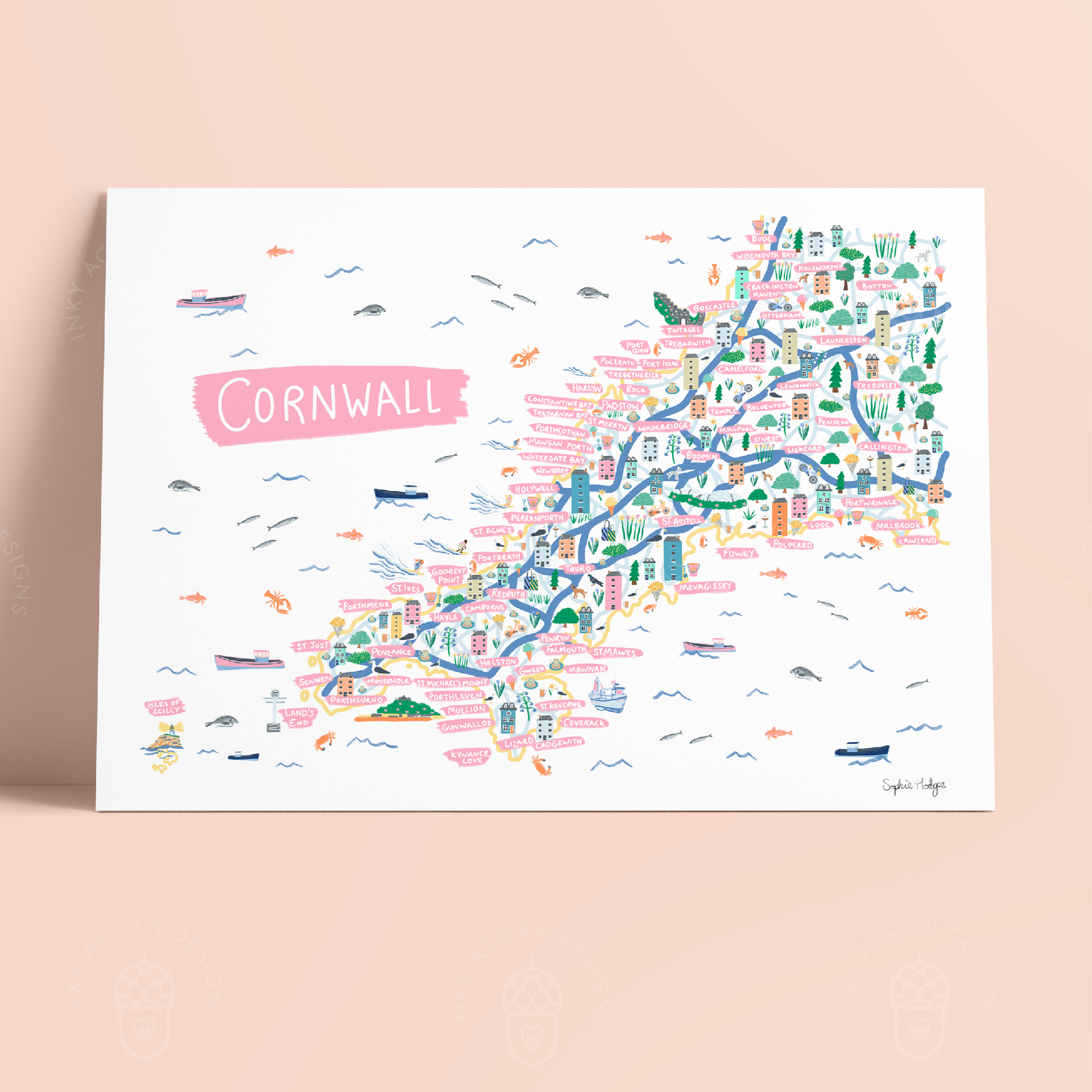 Inky Acorn Designs - Wholesale Art Print - Map of Cornwall - Signed Art Print2