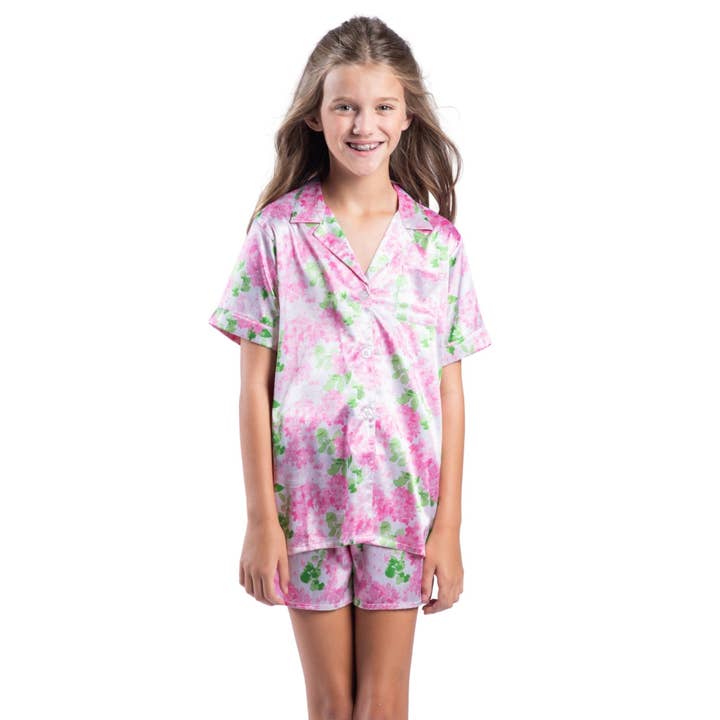 Kids Darling Hydrangea Satin Pajama Short Set for wholesale by Jane Marie
